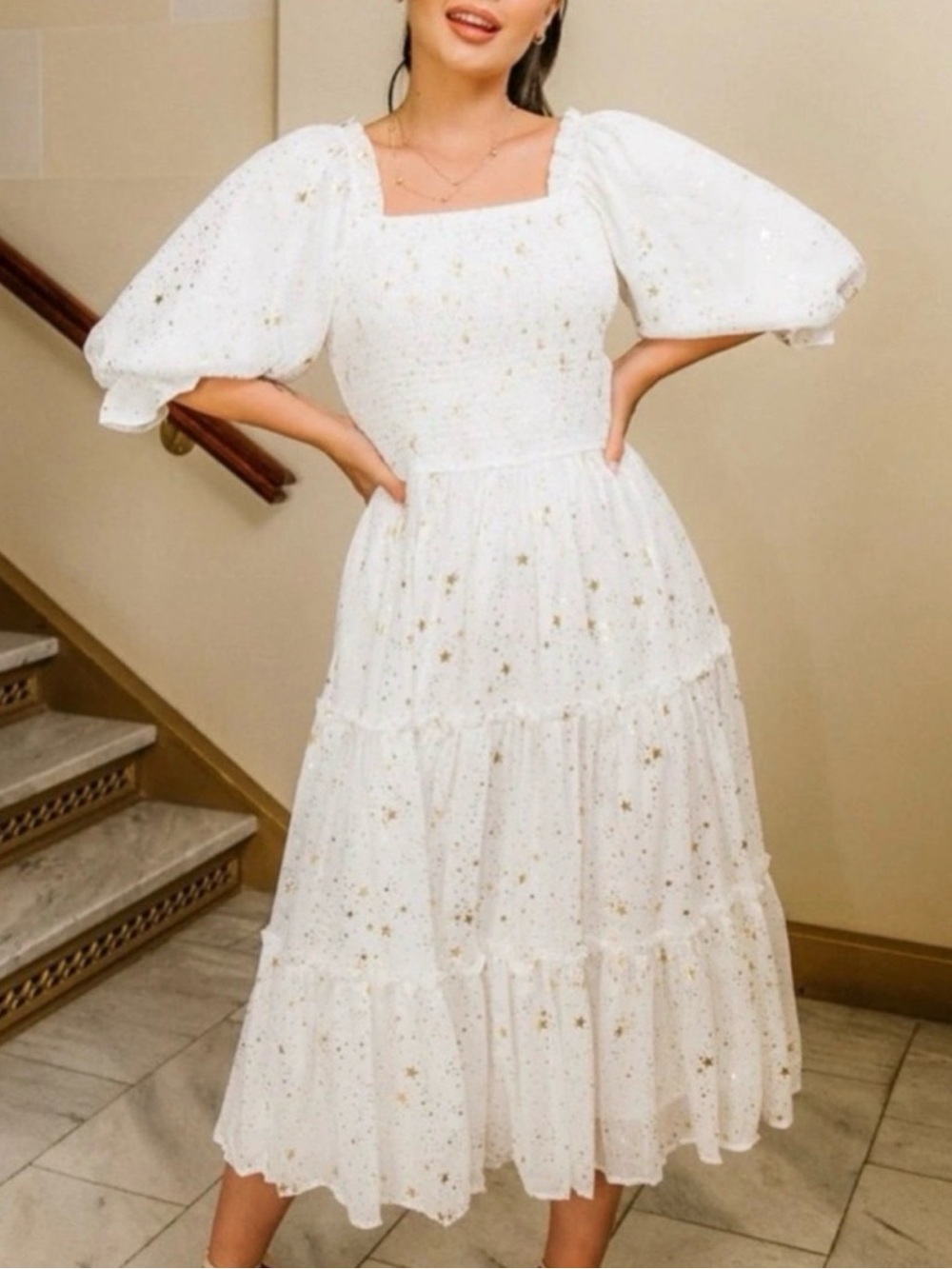 Ivy City Co White Puff-Sleeve Star-Embellished Midi Dress
